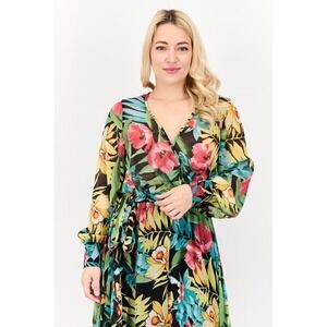 Spy Zone Exchange Tropical Floral Print‎ Wrap Maxi Dress Long Sleeve Belted M